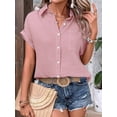 thumbnail image 6 of Women'S Cotton Button Down Shirt Rolled Cuffed Short Sleeve Blouse Ladies Casual V Neck Beach Tops Pink L, 6 of 9