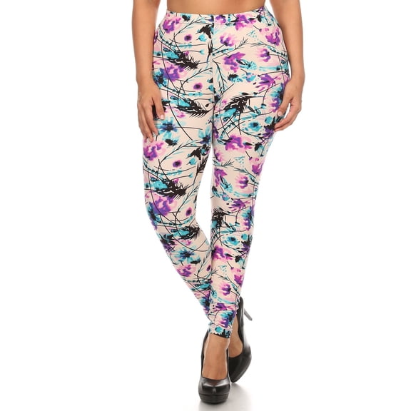 Plus Size Floral Print, Full Length Leggings In A Slim Fitting Style With A Banded High Waist Multi
