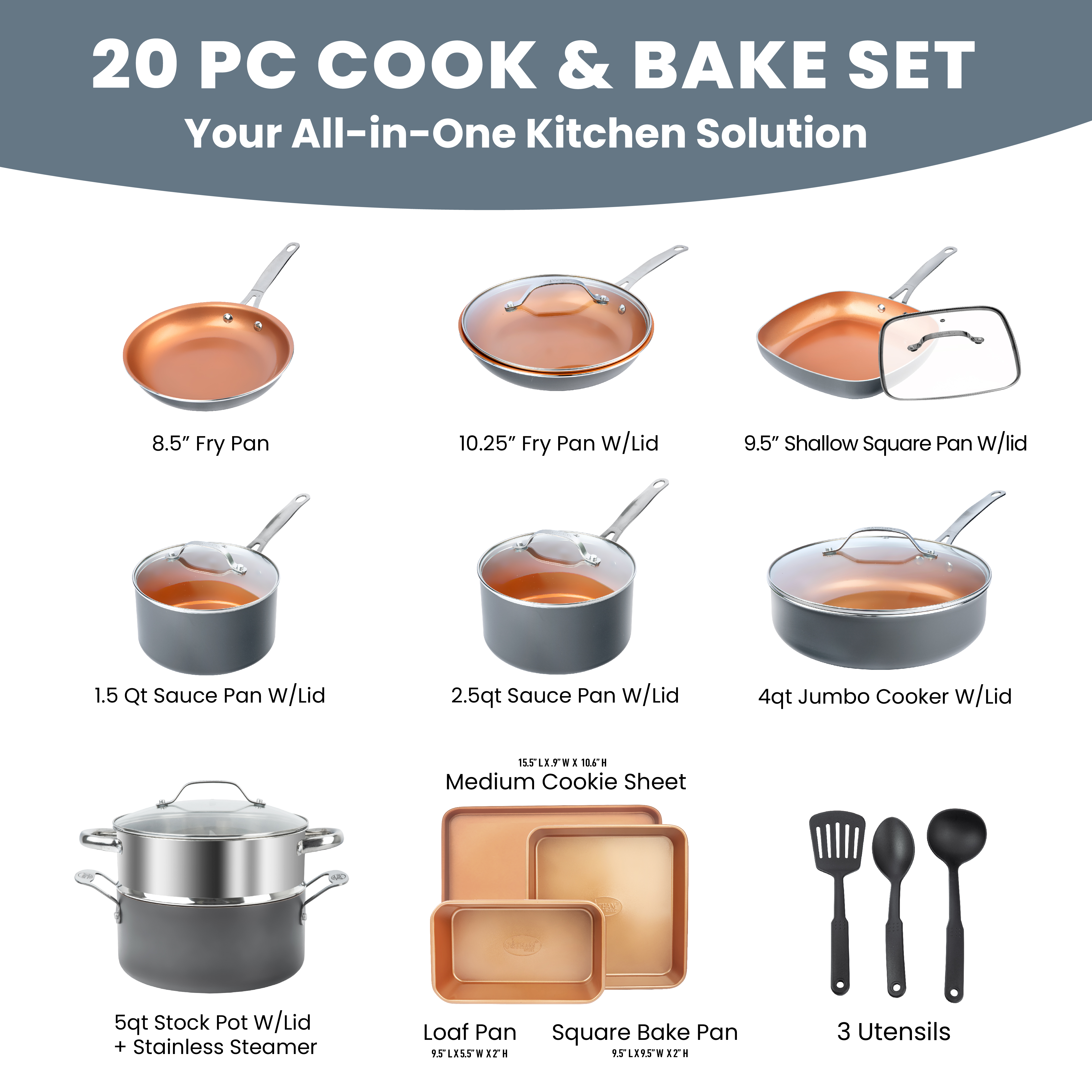 Gotham Steel Pots and Pans Set 20 Piece Cookware Set with Nonstick Ceramic Copper Coating - image 3 of 8