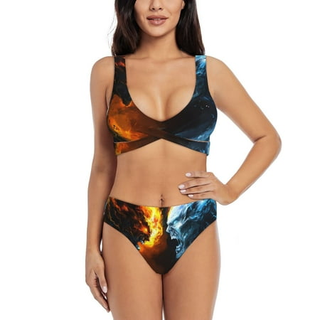 Zeuib Red And Blue Fire Skull Warrior High Waisted Tummy Control Bikini Set - Knot Front Push Up Top & Cheeky Thong Bottom  Two-Piece Swimsuit for Women-X-Large