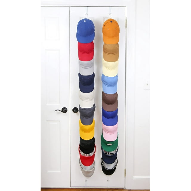 Cap Rack FAV | Hat Racks | Hold up to 40 caps | Over Door Organizer | Baseball Hat Organizer | Over Door Hanger | Fitted & Adjustable Caps & Visors | Door Slam Proof | 2 Straps | 20 Adj. Hooks | White