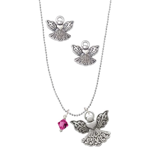 Delight Jewelry Fuchsia Crystal Bicone Silver tone Guardian Angel Charm Necklace and Stud Earrings