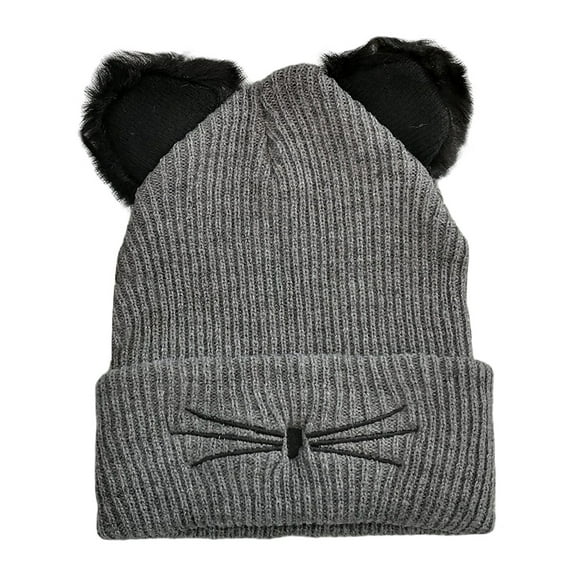 Cat Ears Knitted Hat Embroidered Wool Hat Cute Autumn And Winter Warm Pullover Hat Cold Hat-Gray