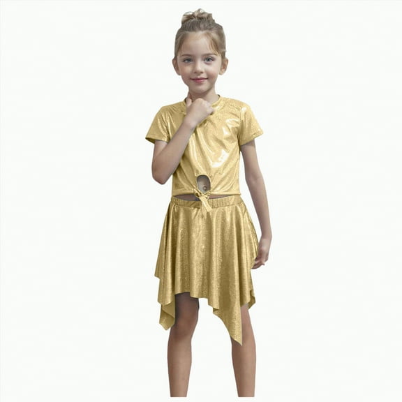 CAICJ98 Kids Girls Dance 2 Piece Outfits Shiny Tie Knot Crop Top and Metallic Asymmetrical Skirt for Dancing Rave Festival (Gold,9-10 Years)