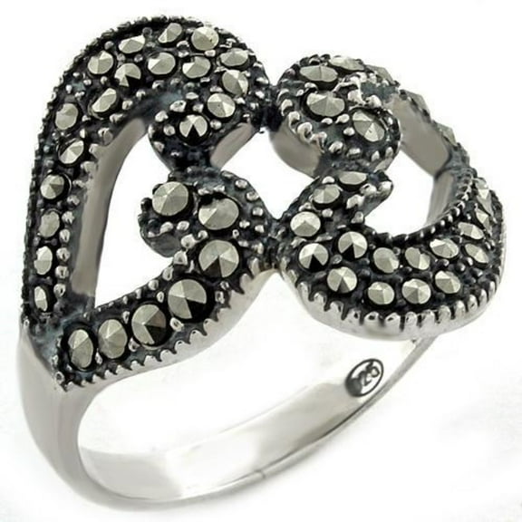 Luxe Jewelry Designs Women's Sterling Silver Heart Shaped Ring with Synthetic Black Jet Marcasite -