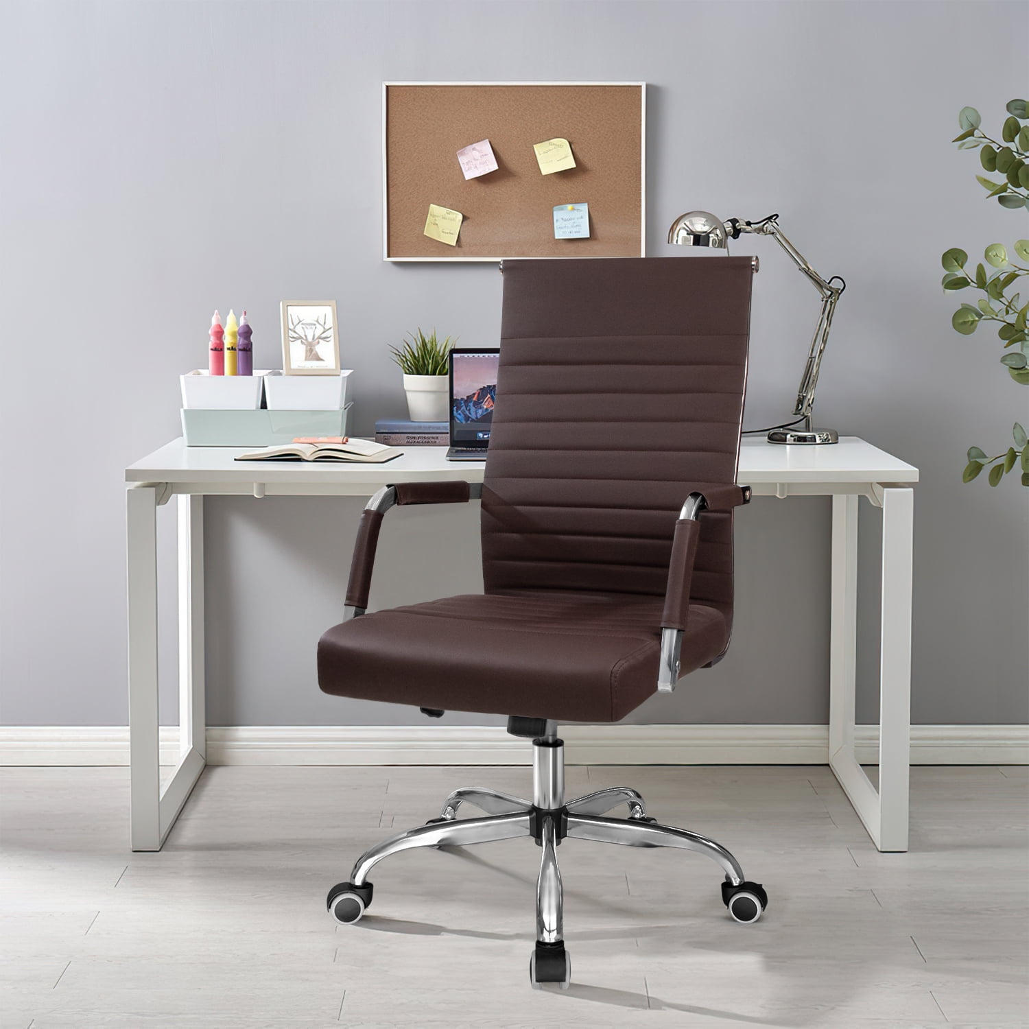 Furmax Ribbed Office Desk Mid-Back PU Leather Executive Conference Task Adjustable Swivel Chair with Arms, Brown