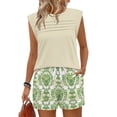 thumbnail image 4 of 2 Piece Short Sets for Women Summer Vacation Outfits Cap Sleeve Tops and Floral Wide Leg Shorts Set, M, 4 of 5