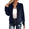 thumbnail image 2 of Bomber Jacket Women Long Sleeve Faux Suede Casual Zip Up Jacket Lightweight Fall Coat Outerwear Streetwear, 2 of 5