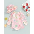 thumbnail image 4 of Bagilaanoe Toddler Baby Girl One-Piece Swimsuit Flower Print Long Sleeve Zipper Rashguard Swimwear + Sun Hat 6M 9M 12M 18M 24M 3T Kids Ruffle Bathing Suit, 4 of 9