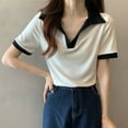 thumbnail image 6 of Women's V Neck Collared Tops Colorblock Casual Trendy Tshirts Blouses Loose Fit Short Sleeve Summer Clothes (XL, White), 6 of 7