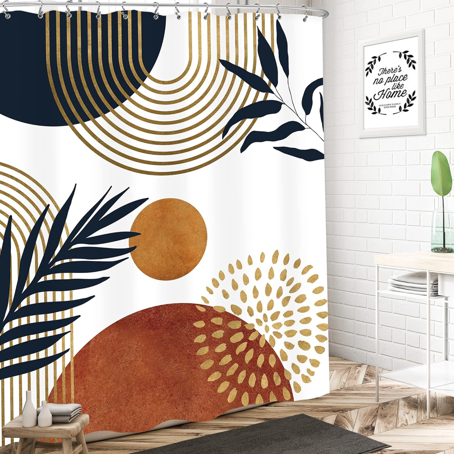 Boho Mid Century Shower Curtain 60Wx72H Inches Abstract Golden Dots Leaves Modern Geometric Minimalist Aesthetic Bathroom Cloth Fabric Waterproof Polyester Home Decor Set with Hooks
