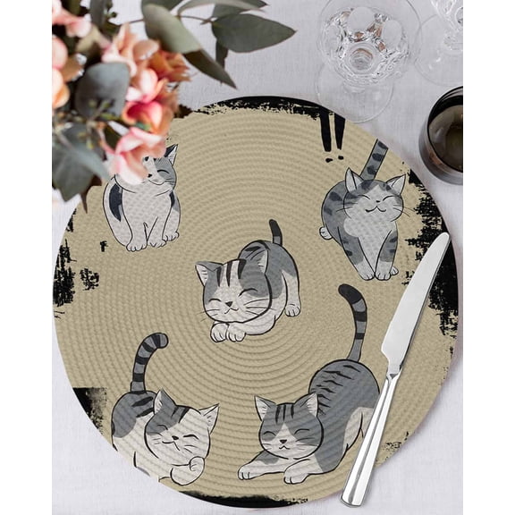 15 Inch Round Placemats Set of 6, Cute Cat Non Slip Heat Insulation PP Table Mats, Black Beige Vintage Animal Washable Place Mats for Kitchen Dining Party Table Decor