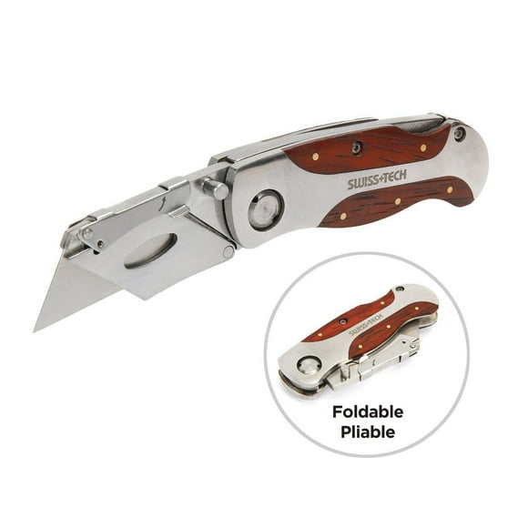 Swiss Tech Quick-Change Utility Knife, Wood Grain Handle Lock-Back Work Folding Knife with Clip
