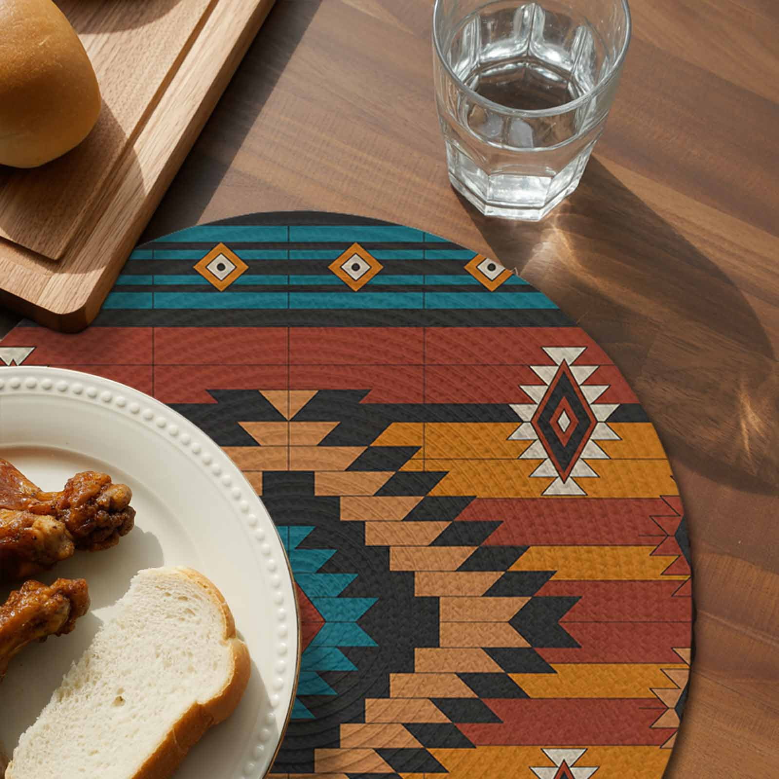 Aztec Southwest Round Placemats Set of 8 for Dinning Tables,Heat-proof Braided Table Mats 13 Inch,Vintage Geometric Farmhouse Art Washable Place Mat for Kitchen Restaurant Party Decor Table Setting