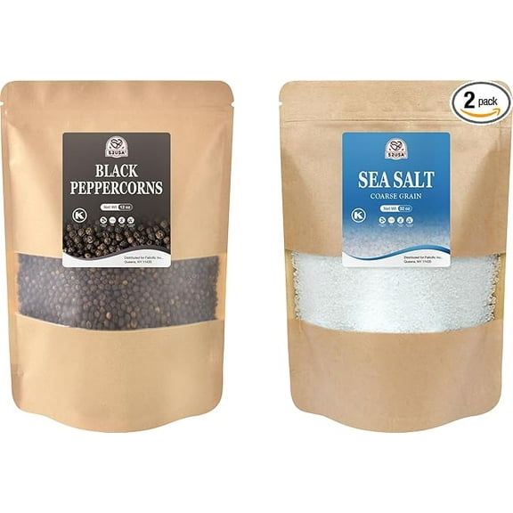 52USA Sea Salt & Black Pepper Grinder Set | Coarse Sea Salt 2 lb Whole Black Peppercorns 12 oz