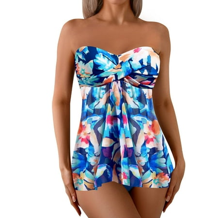 Yajing Womens Swimwear Women s Neck Strapless Bra With Two Split Swimsuit Belly Covering And Splicing Fashionable Dress Bikini Blue L