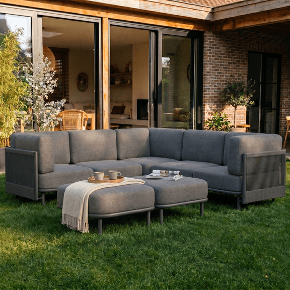 LayinSun 7 Pieces Outdoor Patio Furniture Set,Modular L-Shaped Sectional Sofa Set with 7" Thick Cushions