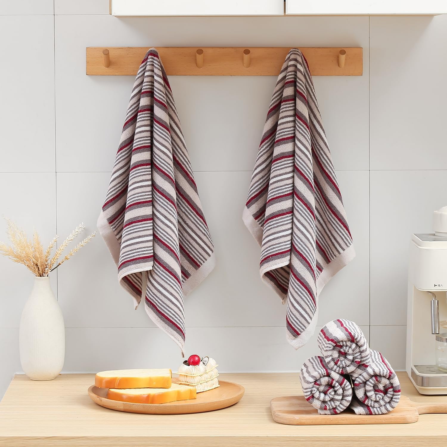 KitchenKey Premium Cotton Kitchen Dish Towels for Drying Dishes,Large Long Kitchen Hand Towels, Thick Highly Absorbent Dish Clothes Tea Towel Sets with Hanging Loop, 16" X 26",4 Pcs,Gray and Wine Red