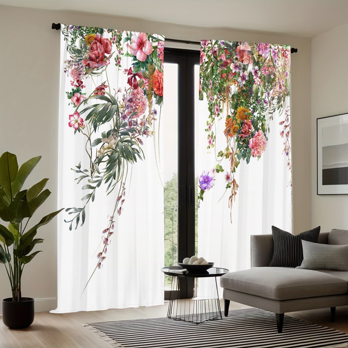 WNOOHIY Vibrant Floral Printed Rod Pocket Curtains for Bedroom,Dining Room, Living Room,2 Panels