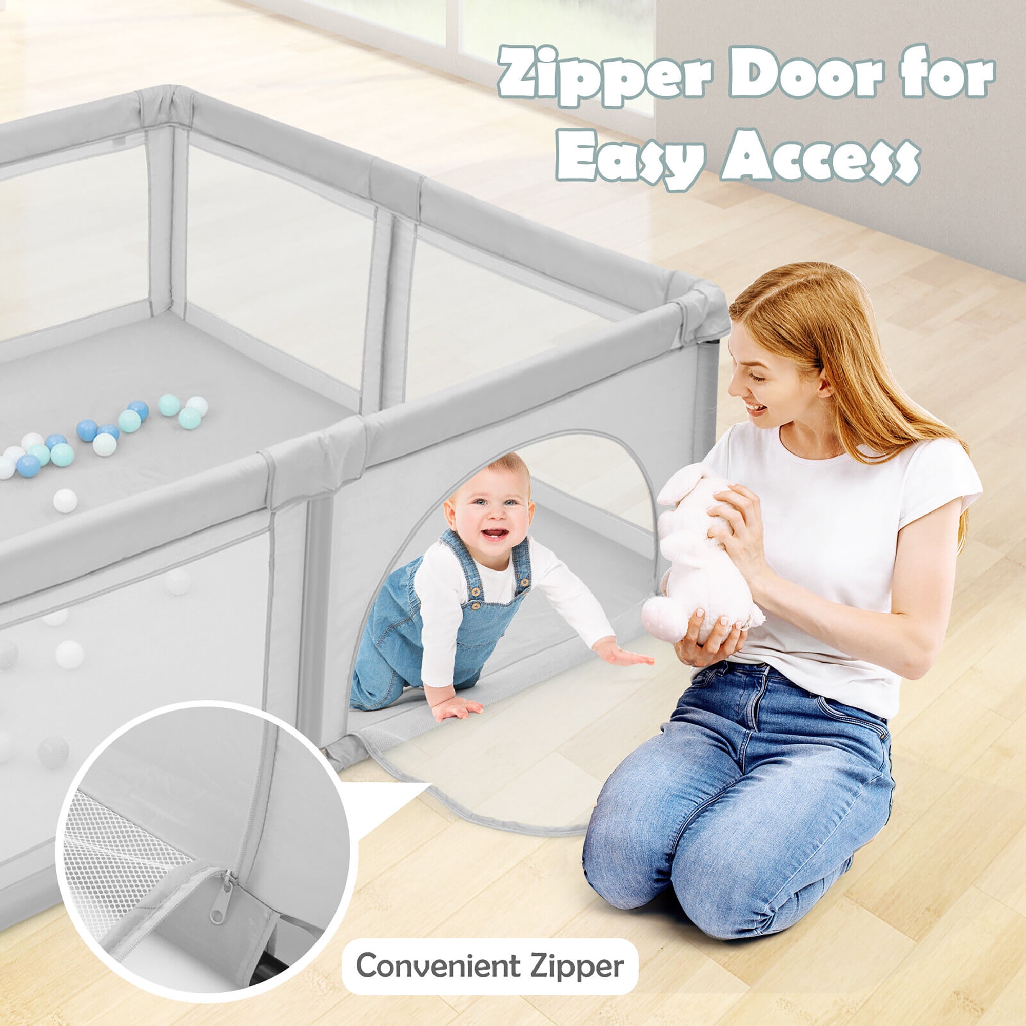 Gymax Extra Large Baby Playpen Safety Baby Play Yard w/ 50 Ocean Balls & 4 Handles Light Grey