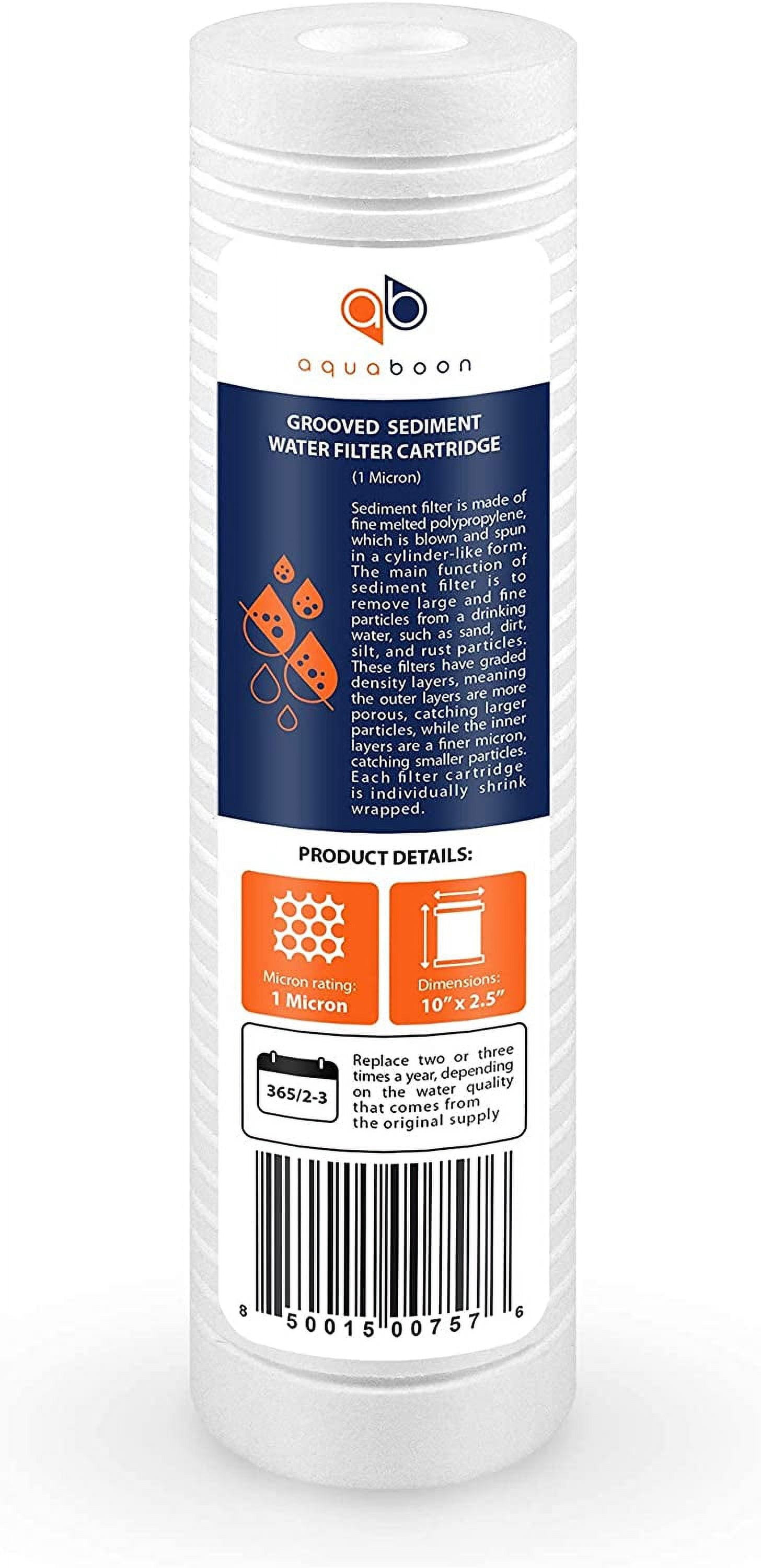 Aquaboon 1 Micron 10" x 2.5" Grooved Sediment Water Filter Replacement Cartridge for Any 10 inch RO Unit | Whole House Sediment Filtration | Compatible with P5, AP110, WFPFC5002, CFS110, RS14, 50-Pack