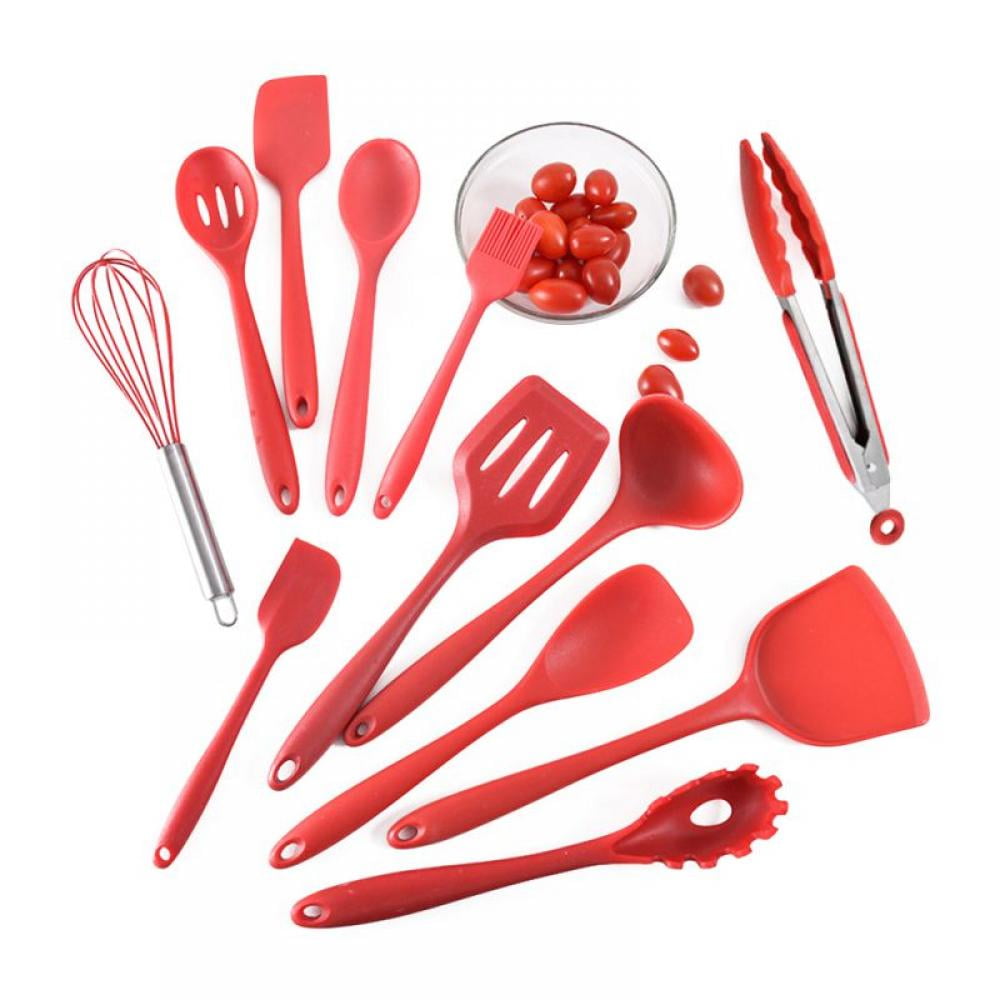 10 in 1 Cherry Red 10Pcs/Set Silicone Heat Resistant Kitchen Cooking Utensils Non-Stick Baking Tool Tongs ladle Gadget 
