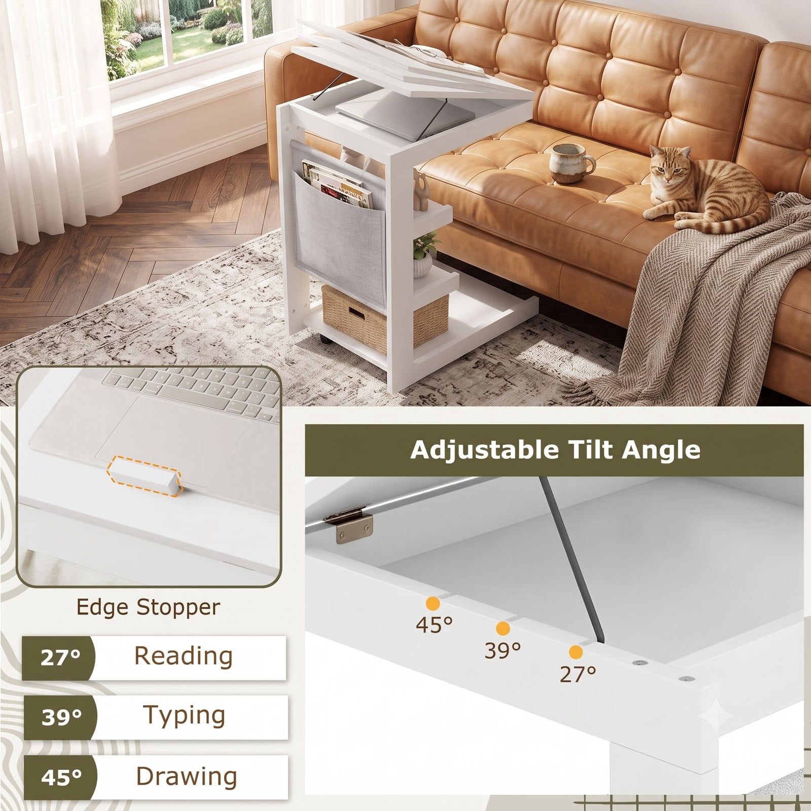 Furnibear C Shaped End Table with Wheels and Adjustable Desktop, Mobile Sofa Side Table with Hidden Compartment and 3 Storage Shelves for Bedside Couch Living, White