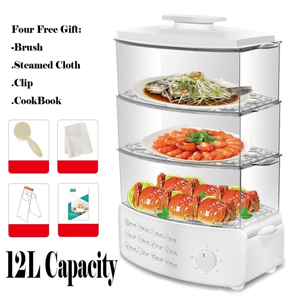 Bosinaka Electric Food Steamer Electric Steamer Steam Pot Home 12l Three Layer Multi Function Steam Box White