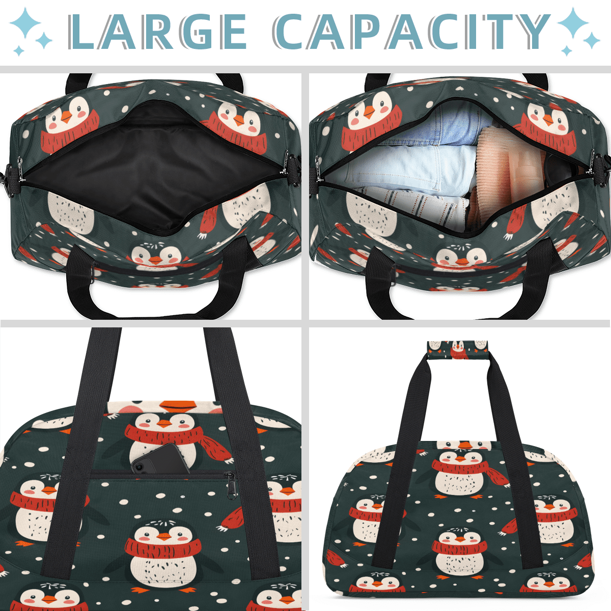 Herdesigns Penguin Sports Duffle Bag for Women & Men, Penguin Pattern Gym Bag Dance Bag Overnight Bag Carry On Weekender Travel Bag