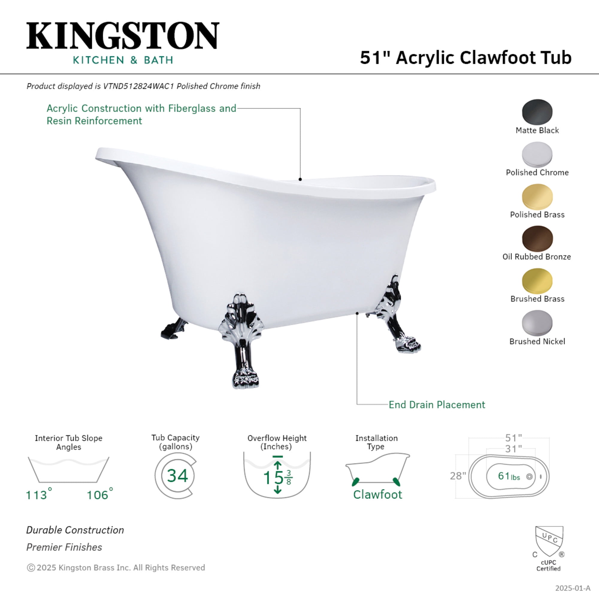Aqua Eden VTND512824WAC0 51-Inch Acrylic Oval Double Slipper Clawfoot Tub (No Faucet Drillings) in Glossy White/Matte Black