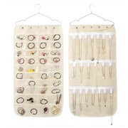 Aspire Double-sided Jewelry Organizer Hanging Bag 40 Pockets 20 HOOK&LOOP Dual Sided Holder Closet Accessory Earrings Necklace Bracelet Storage Bag with Hanger-Beige