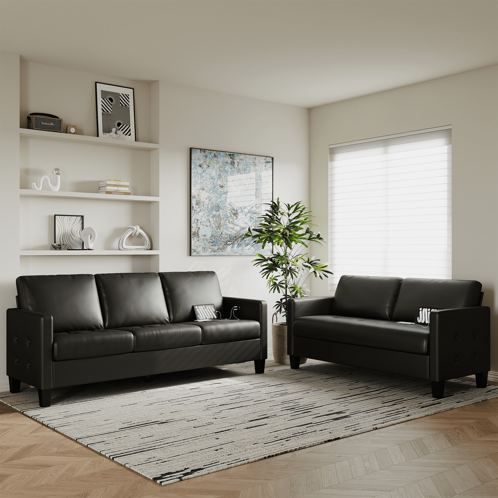 Coewske 72" W PU Leather 3 Seater Couch Sofa with USB Ports for Living Room Apartment Bedroom, Black