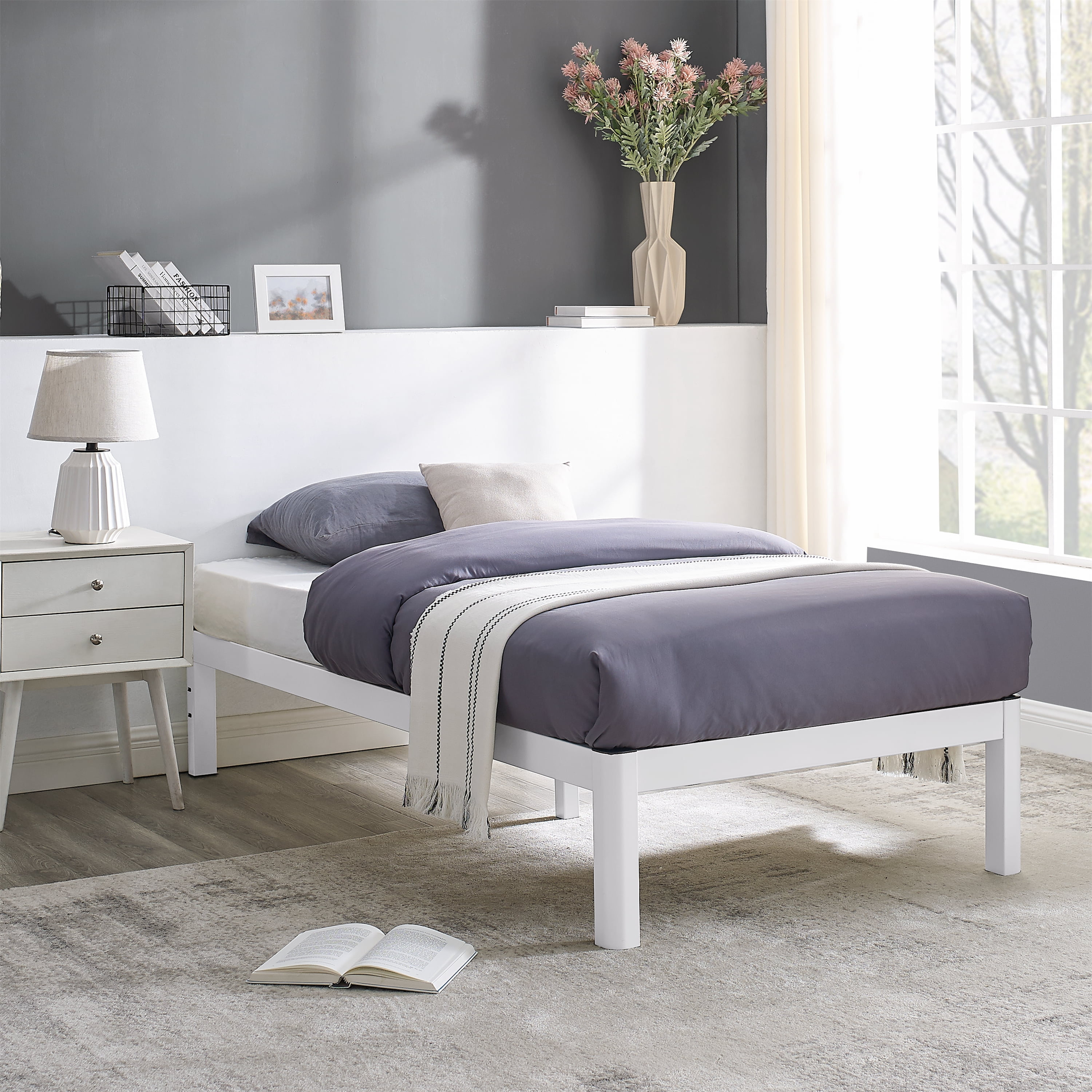 Mainstays Wood Slat White Metal Bed, White And Wood Bed Frame Queen Size