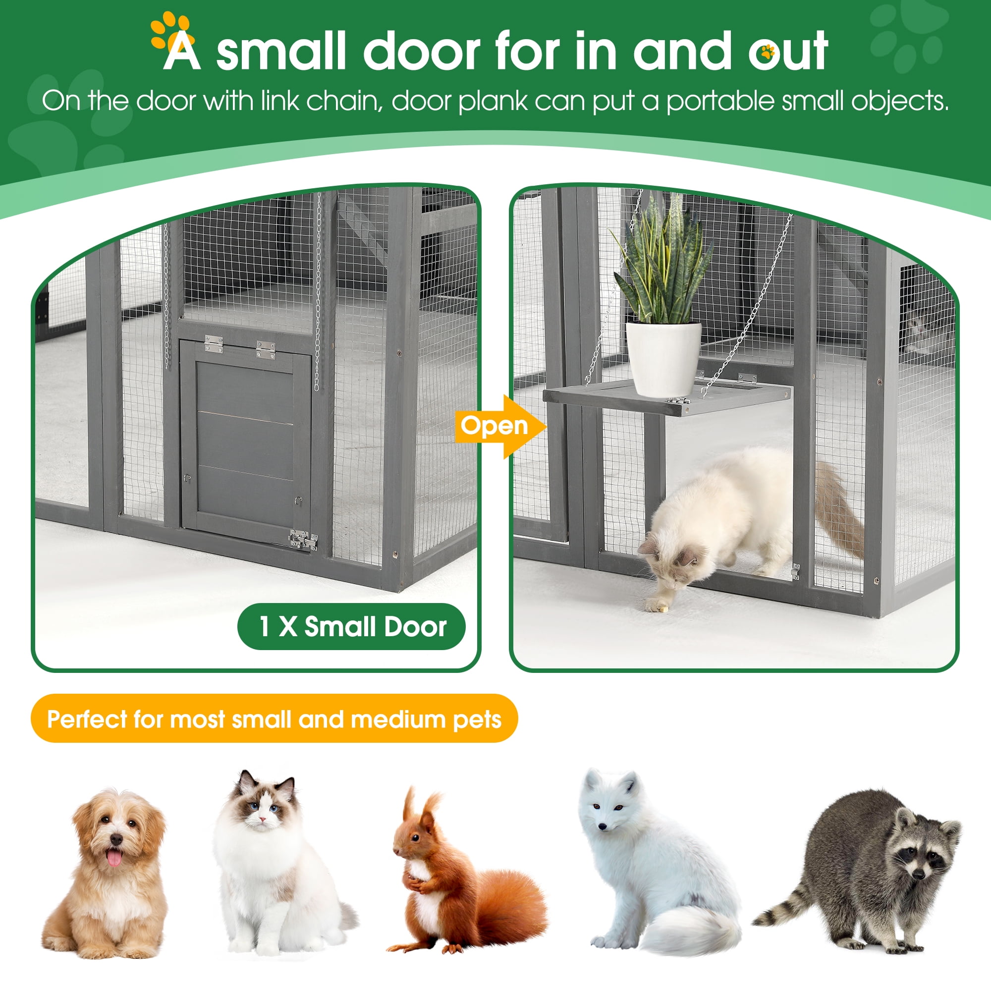 Pefilos 108.7" Outdoor Wood Cat Cage, Catio Enclosure Large Cat Run House for Multiple Pets, Kitten Kennel with Bouncy Bridge, Platforms, Small Houses, Sunshine Panel, Gray Pefilos 108.7" Outdoor Wood Cat Cage, Catio Enclosure Large Cat Run House for Multiple Pets, Kitten Kennel with Bouncy Bridge, Platforms, Small Houses, Sunshine Panel, Gray