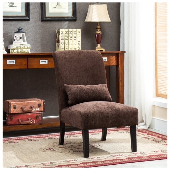 Pisano Contemporary Chenille Fabric Armless Accent Chair with Pillow, Chocolate