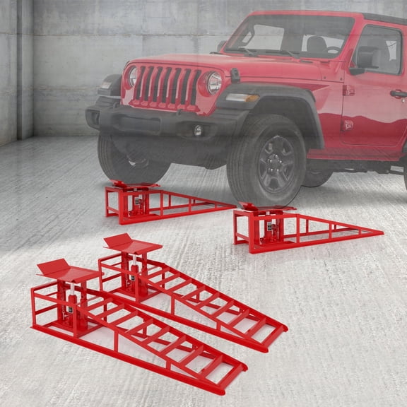 Vertlley 2Pcs Car Ramps with 5t/11050 lb, Heavy-Duty Steel Vehicle Ramps, Portable Car Lift , Built-in Hydraulic Jack, Red