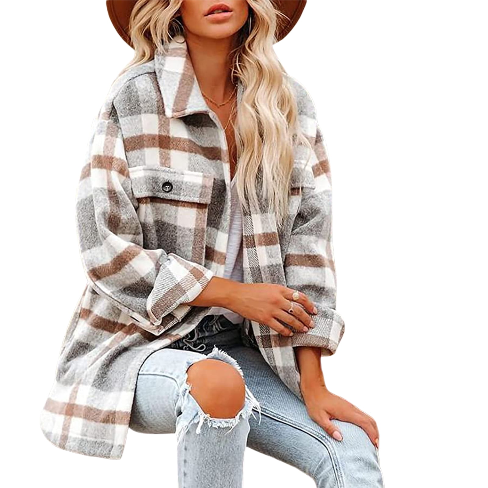 Womens Flannel Plaid Shirt Jacket 