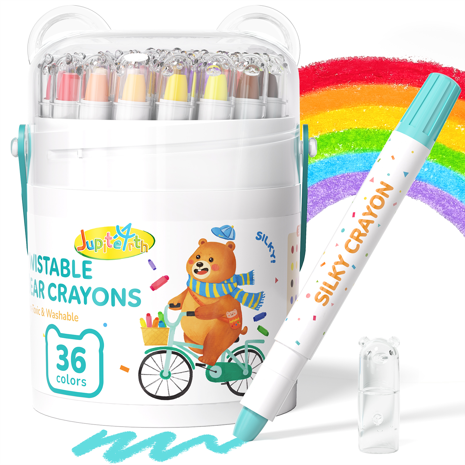 Jupitearth 36Ct Non-Toxic Washable,Silky Crayons for toddlers1-3,Kids 4-8,Back to School Art Supplies
