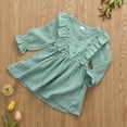 thumbnail image 2 of Canrulo Toddler Kids Baby Girls Solid Clothes Long Sleeve Dress Cotton Linen Dresses Green 1-2 Years, 2 of 8