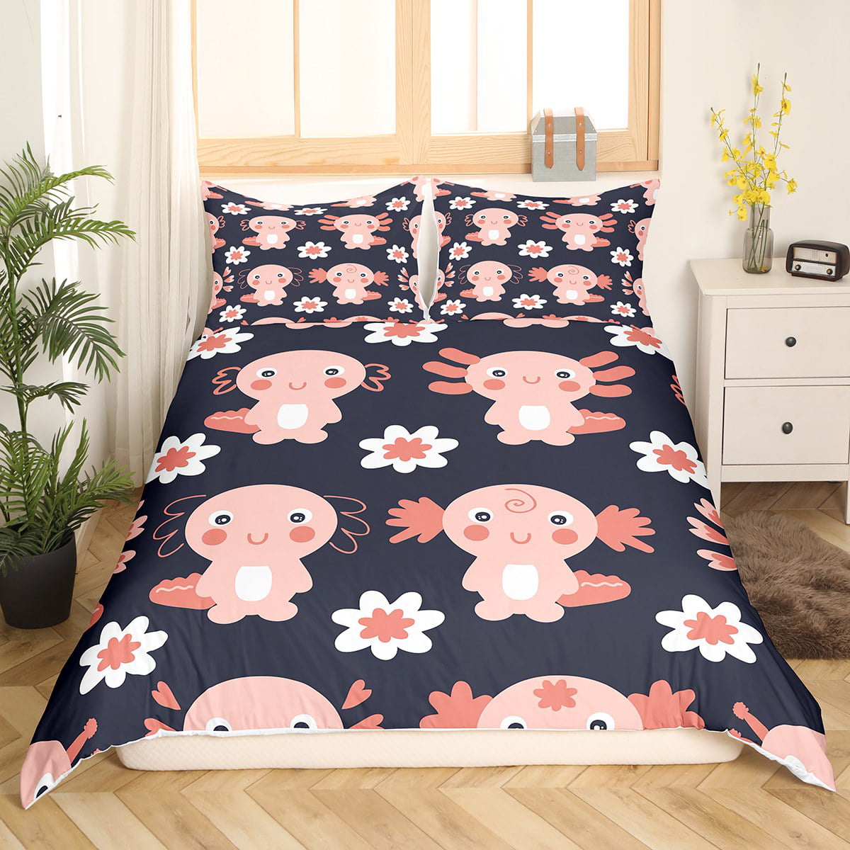 Axolotl Bedding Set Pink and Blue Axolotl Pattern Kawaii Twin Fitted Sheet
