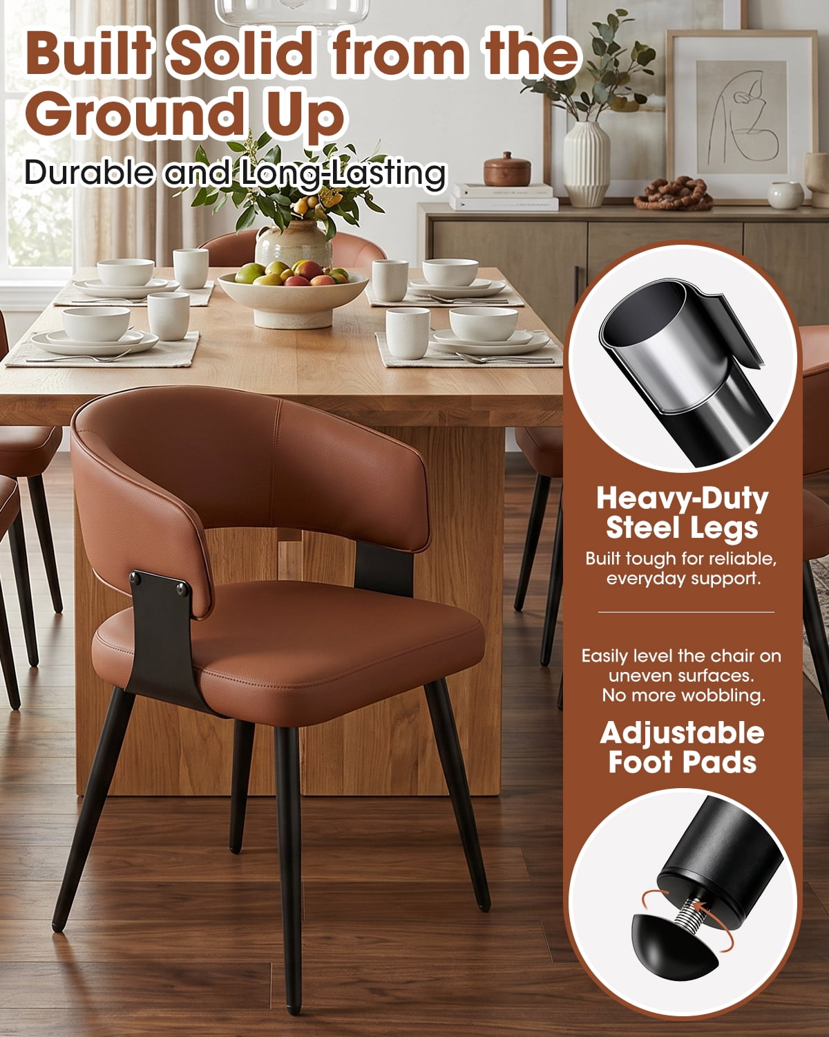 Modern Kitchen Chair Set of 4, Upholstered Faux Leather Dining Chairs with Curved Back, Easy Assembly for Dining Room Restaurant Cafe,Brown