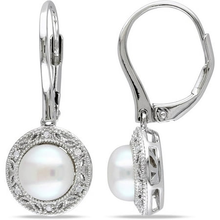 Miabella 7.5-8mm White Button Cultured Freshwater Pearl and Diamond Accent Sterling Silver Leverback Earrings