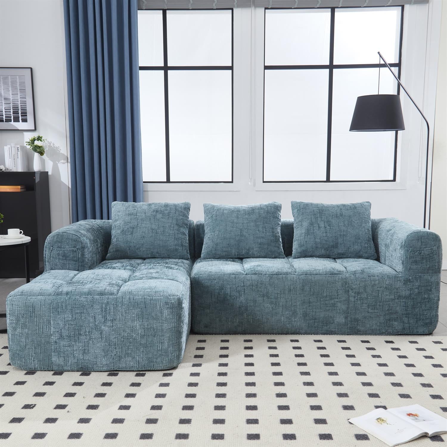 Demi Bonn 98" L-Shaped Modular Sectional Sofa with Chaise, Side Pockets, Modern Comfort Couch, Compression-Free Installation for Living Room, Blue