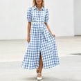 thumbnail image 4 of Ayolanni Dresses for Women 2026 V Neck Plaid Short Sleeve A-Line Maxi Dress Party Elegant Birthday Belted Long Dress with Puff Sleeve Blue XL, 4 of 7