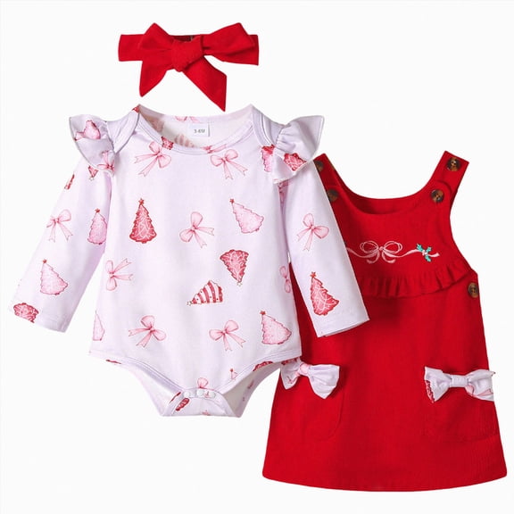 NOLDARES Baby Girl Clothes Fall Cute Skirt Outfits Long Sleeve Romper Overall Skirt Dress Bow 3PCS Outfit(Red,3-6 M)
