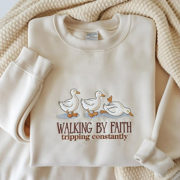 Embroidered Walking By Faith Tripping Constantly Sweatshirt, Funny Duck Shirt, Christian Shirt, Faith Sweatshirt, Jesus Sweatshirt