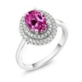 thumbnail image 2 of Gem Stone King 925 Sterling Silver Oval Pink Created Sapphire Halo Engagement Ring for Women (2.85 Cttw, Gemstone September Birthstone, Oval 8X6MM, Size 5), 2 of 4