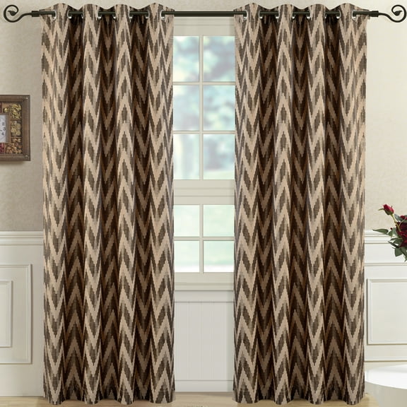 Pair (Set of 2) Lisette Chevron Top Grommet Window Curtain Panels - W108" X L84" Pair - Mocha