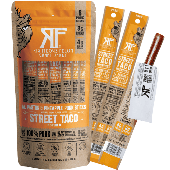 Righteous Felon Meat Sticks - Gluten Free & Keto Pork Sticks, Protein Snacks, Street Taco, 6 pack