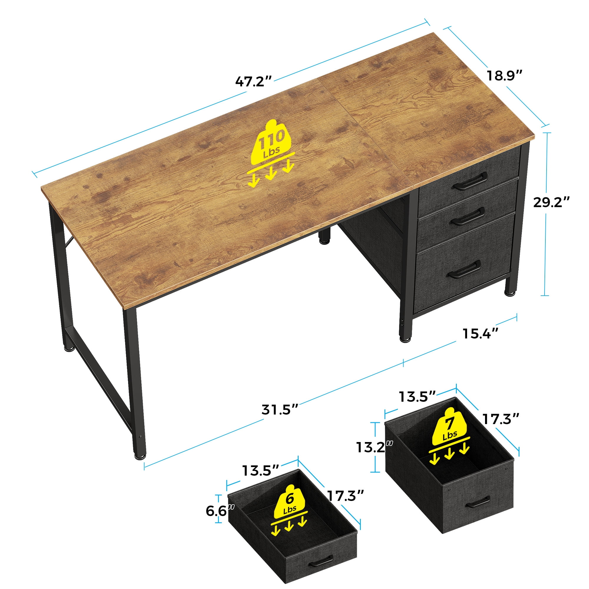48 Inch Computer Desk with 3 Fabric Drawers, Home Office Desk with File Cabinet, Writing Desk for Work and Study, Vintage and Black